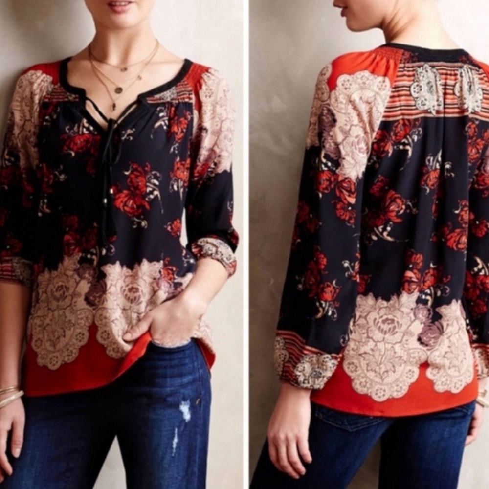 Meadow Rue by Anthropologie Blossom Peasant Silk Blouse Size Large